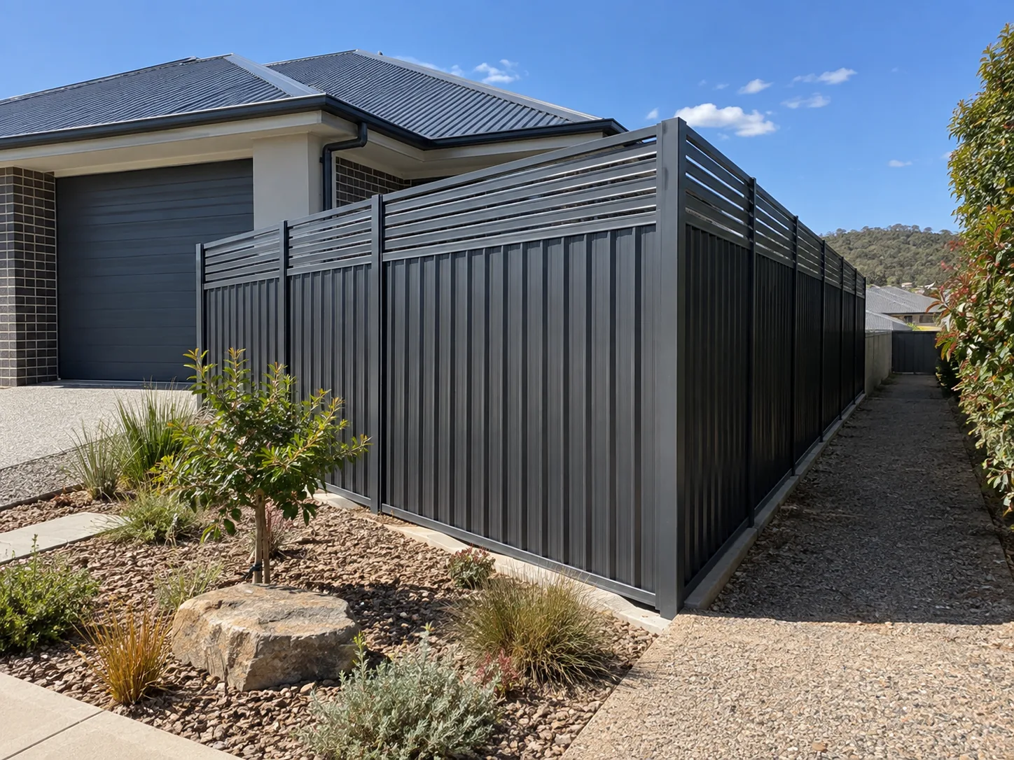 Charcoal metal boundary fence with horizontal slats above solid panels.
