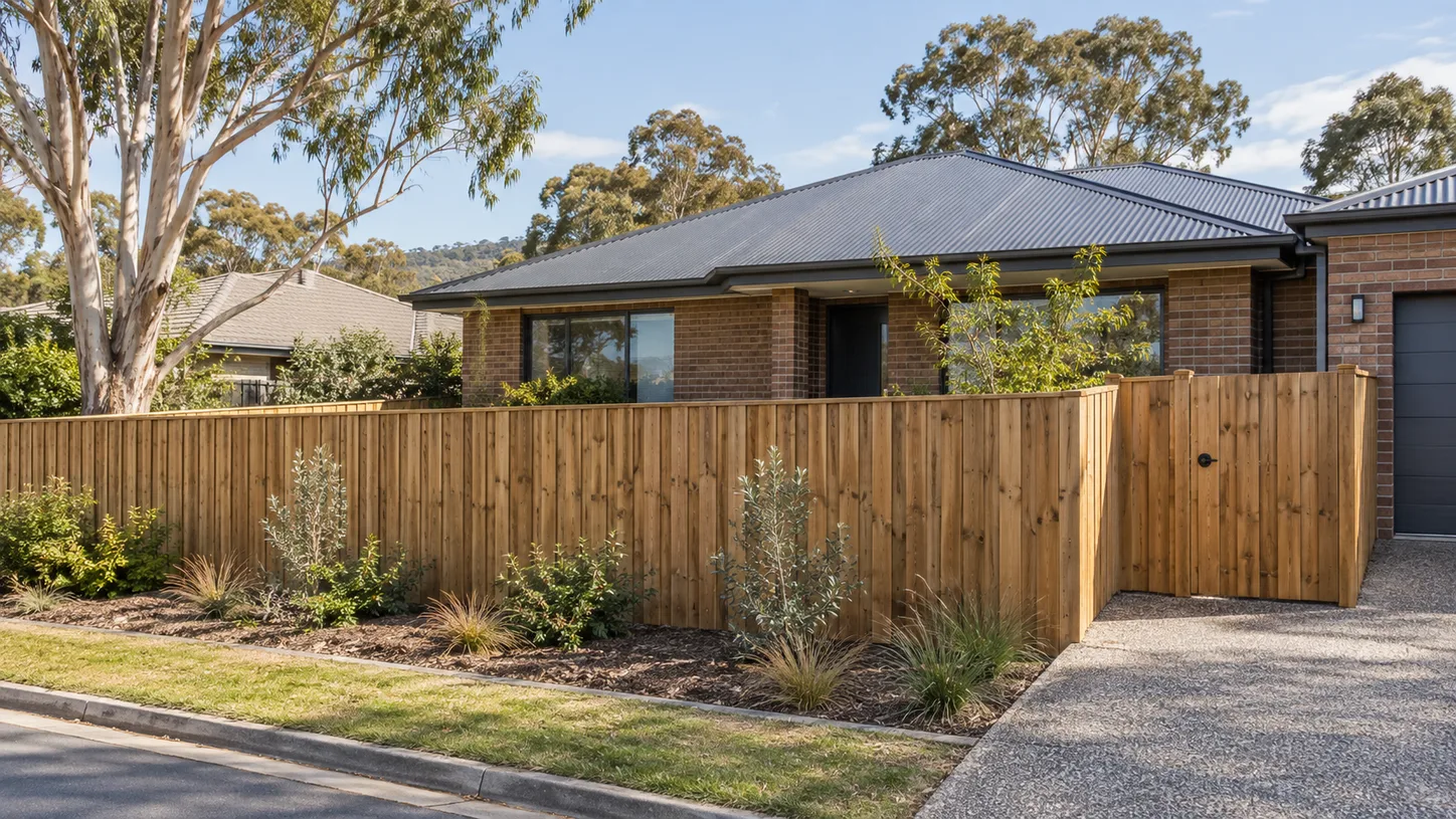 Timber boundary fence and matching gate outside a brick home.